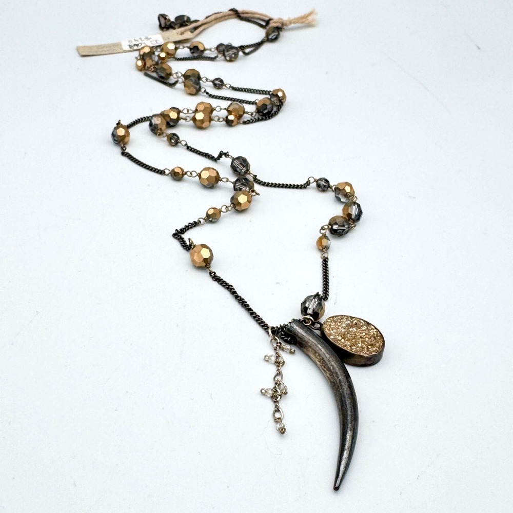 Chan Luu Necklace Horn Druzy Pendant 925 Sterling Silver NWT Gold Smoke 31.5"